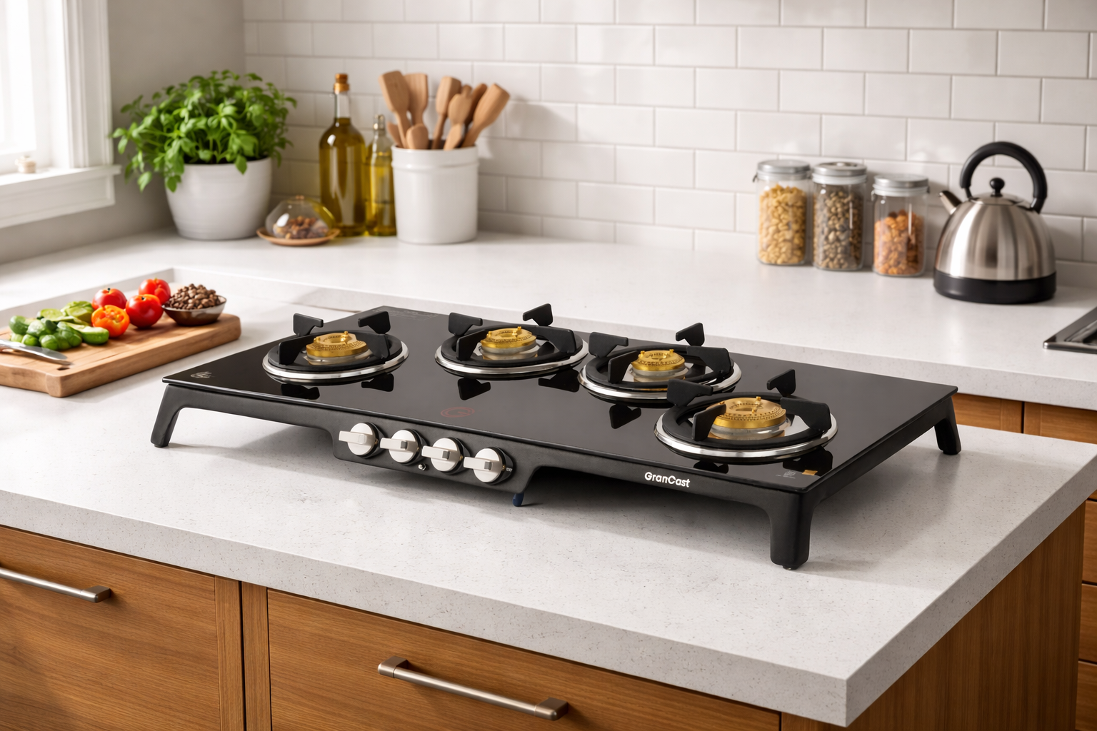 4B RECTANGLE TOUGHNED GLASS TOP CAST IRON GAS STOVE