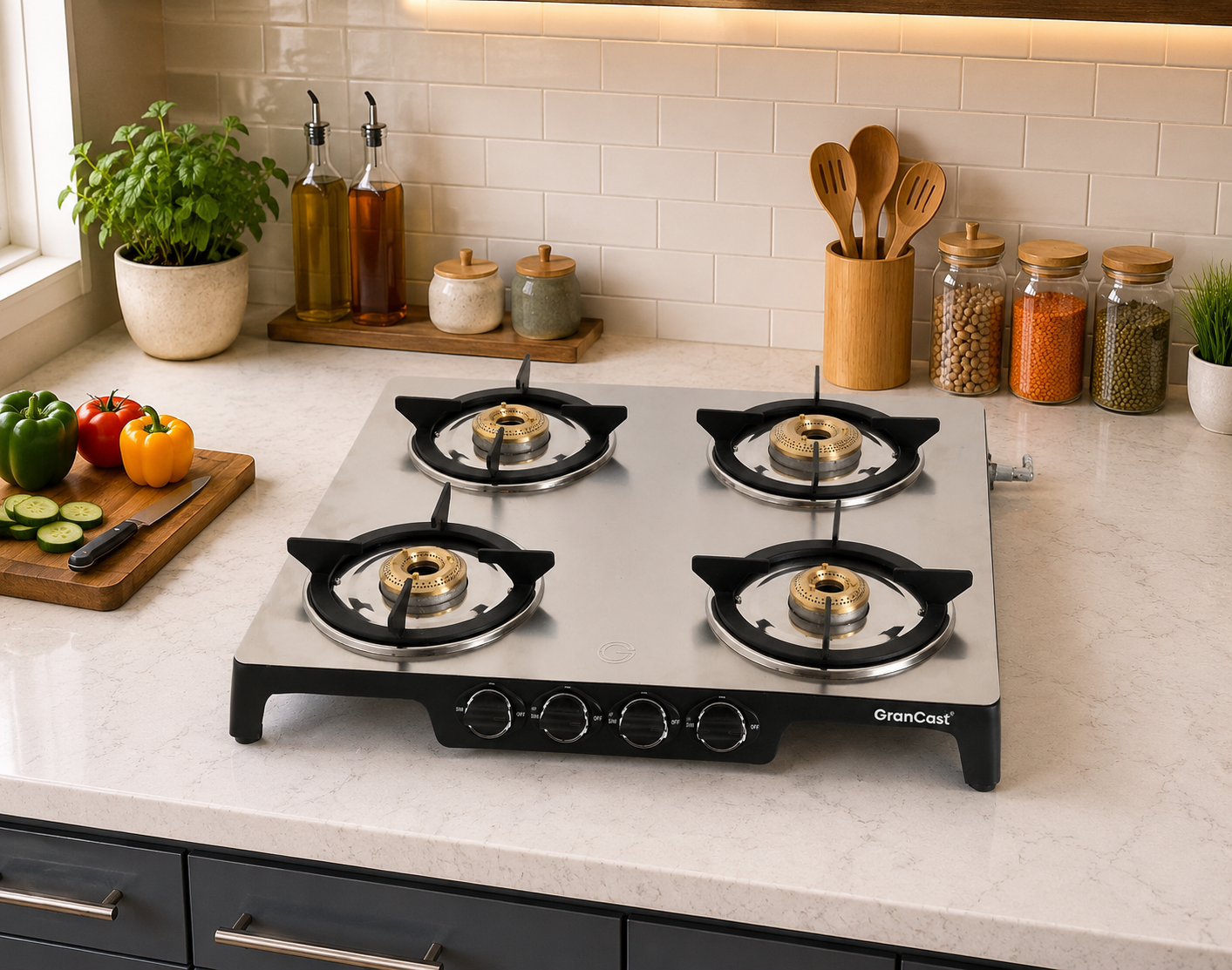 4B SQUARE STAINLESS STEEL TOP CAST IRON GAS STOVE